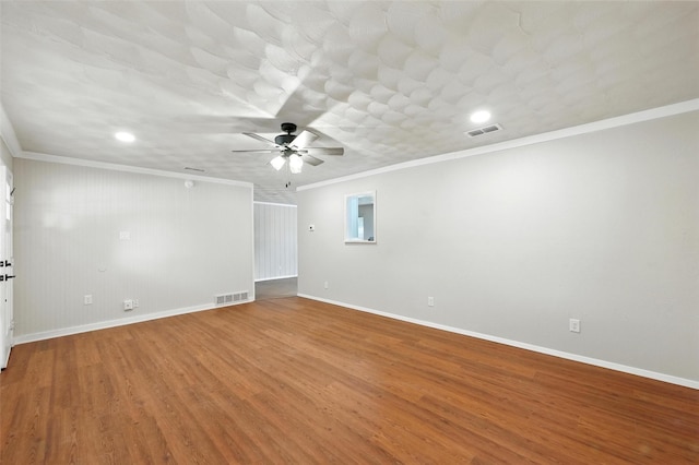 324 Jasmine Ct, Burleson, TX 76028 - empty room featuring a ceiling fan, wood finished floors, ornamental molding, and recessed lighting