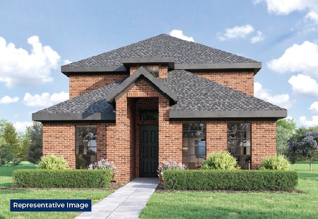 8216 Caprock, Rowlett, TX 75089 - french country inspired facade featuring a shingled roof, brick siding, and a front lawn