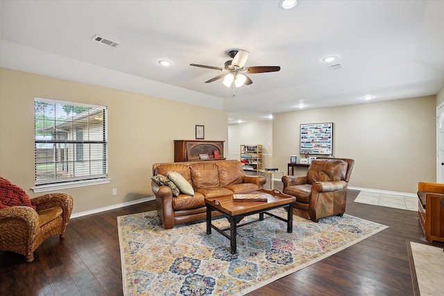 1112 Indian Ridge Dr, Denton, TX 76205 - living room featuring a ceiling fan, wood finished floors, and recessed lighting