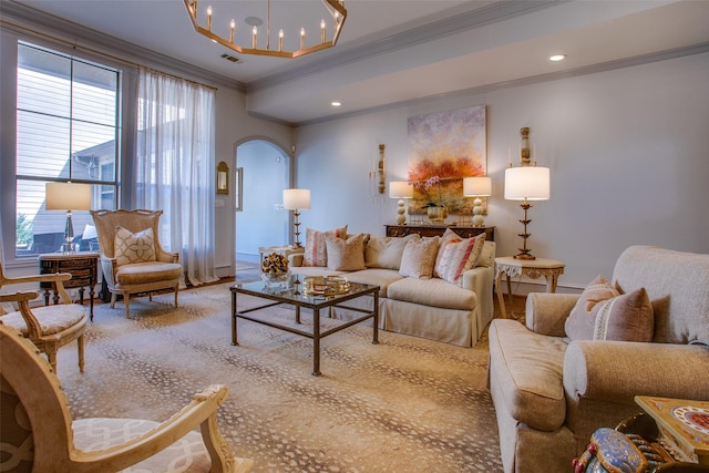4139 Herschel Ave, Dallas, TX 75219 - living area with crown molding, arched walkways, carpet flooring, and recessed lighting