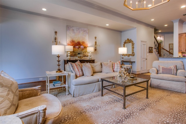 4139 Herschel Ave, Dallas, TX 75219 - living area with crown molding, recessed lighting, and stairs