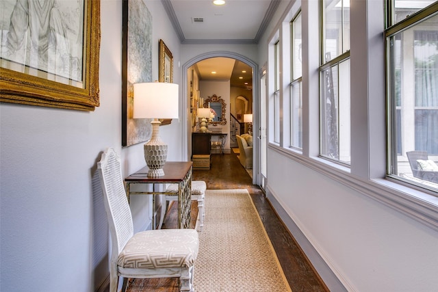 4139 Herschel Ave, Dallas, TX 75219 - corridor featuring dark wood-style flooring, healthy amount of natural light, crown molding, arched walkways, and recessed lighting