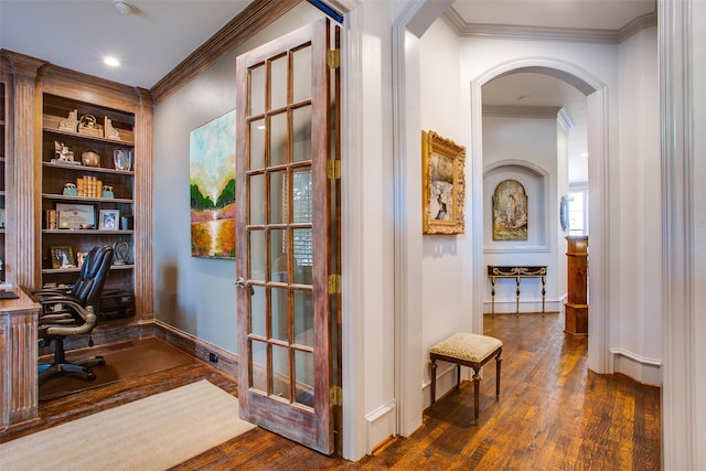 4139 Herschel Ave, Dallas, TX 75219 - office with arched walkways, ornamental molding, dark wood-style flooring, and built in features