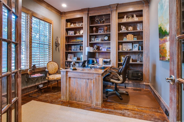 4139 Herschel Ave, Dallas, TX 75219 - home office featuring built in features, ornamental molding, and dark wood finished floors
