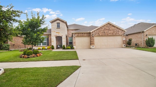 717 Freedom Ln, Aubrey, TX 76227 - french country style house with an attached garage, concrete driveway, a front yard, brick siding, and stone siding