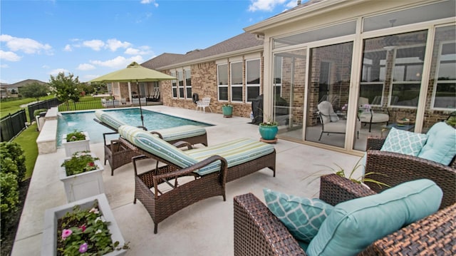 717 Freedom Ln, Aubrey, TX 76227 - view of swimming pool with a fenced backyard, a patio, and an outdoor living space
