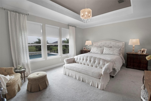 717 Freedom Ln, Aubrey, TX 76227 - bedroom with carpet flooring, crown molding, and a tray ceiling