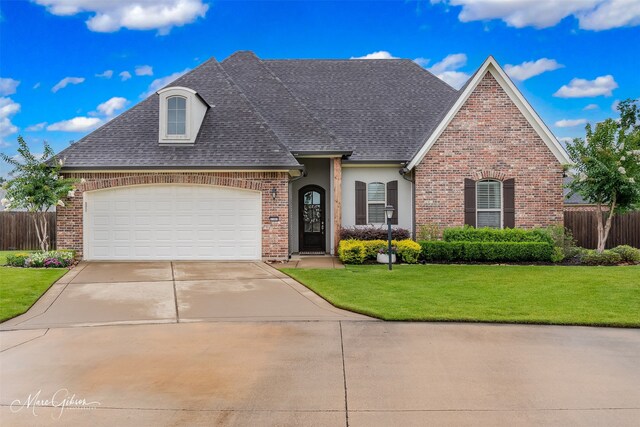 1101 Cypress Creek Cir, Shreveport, LA 71106 - french country inspired facade featuring concrete driveway, a garage, a shingled roof, and brick siding