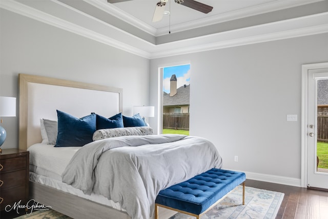 1101 Cypress Creek Cir, Shreveport, LA 71106 - bedroom with crown molding, dark wood-style flooring, multiple windows, a raised ceiling, and ceiling fan
