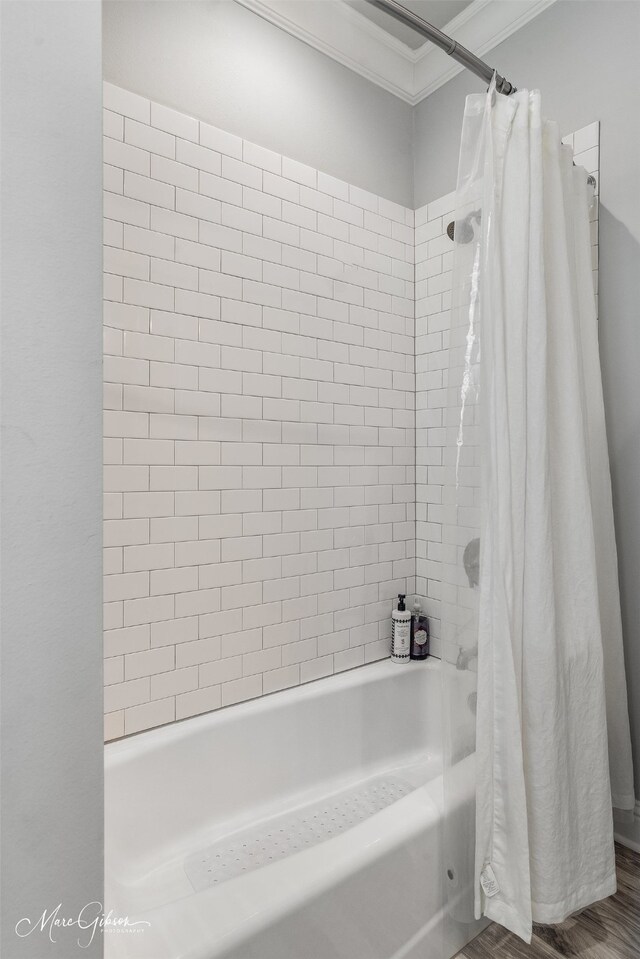 1101 Cypress Creek Cir, Shreveport, LA 71106 - bathroom with shower / tub combo, ornamental molding, and wood finished floors