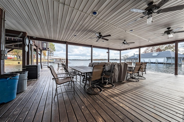 17726 Southpoint, Whitehouse, TX 75791 - wooden deck featuring ceiling fan, a water view, and outdoor dining space