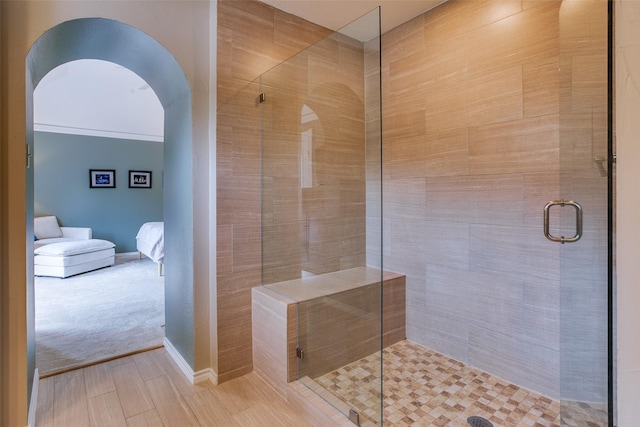 18423 Rain Dance Trl, Dallas, TX 75252 - full bath featuring ensuite bathroom, a stall shower, and wood finished floors