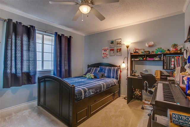18423 Rain Dance Trl, Dallas, TX 75252 - bedroom with carpet flooring, ornamental molding, a textured ceiling, and ceiling fan