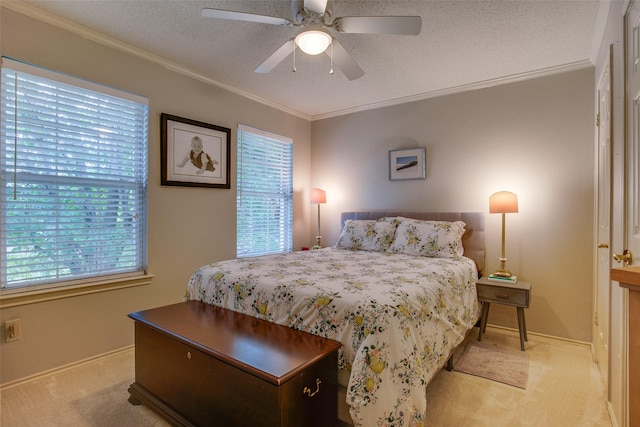 18423 Rain Dance Trl, Dallas, TX 75252 - bedroom featuring light colored carpet, crown molding, ceiling fan, and a textured ceiling