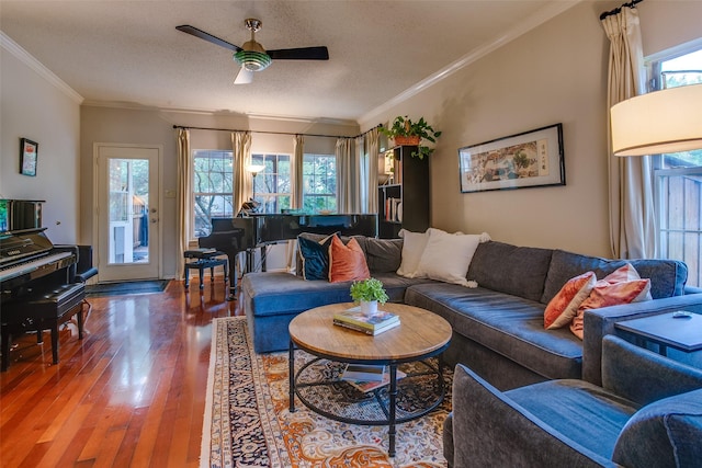 18423 Rain Dance Trl, Dallas, TX 75252 - living room with ceiling fan, crown molding, wood finished floors, and a textured ceiling