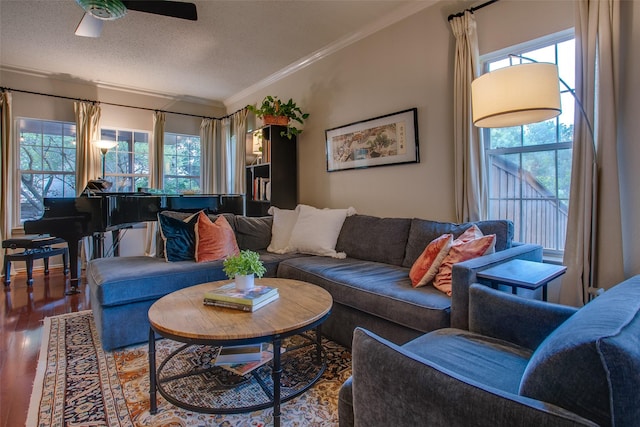 18423 Rain Dance Trl, Dallas, TX 75252 - living area with ornamental molding, healthy amount of natural light, wood finished floors, a ceiling fan, and a textured ceiling