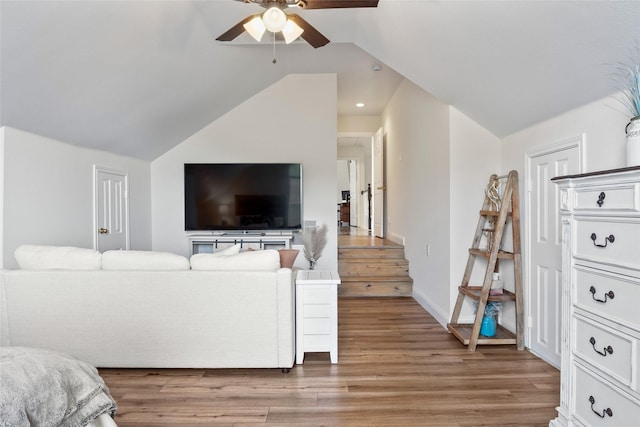 204 Oregon Trl, Argyle, TX 76226 - living room featuring ceiling fan, vaulted ceiling, and light wood-style floors