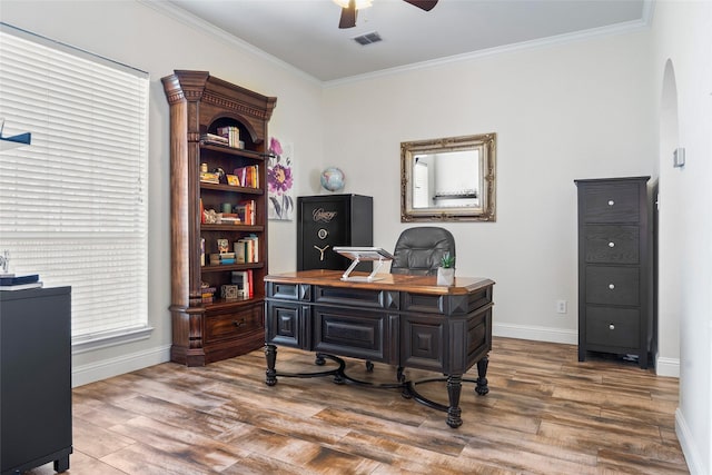 204 Oregon Trl, Argyle, TX 76226 - office with ceiling fan, wood finished floors, crown molding, and arched walkways