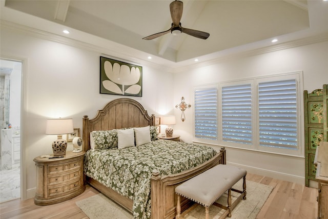 1001 Quarry Ct, Granbury, TX 76048 - bedroom featuring crown molding, light wood-type flooring, recessed lighting, ceiling fan, and a raised ceiling
