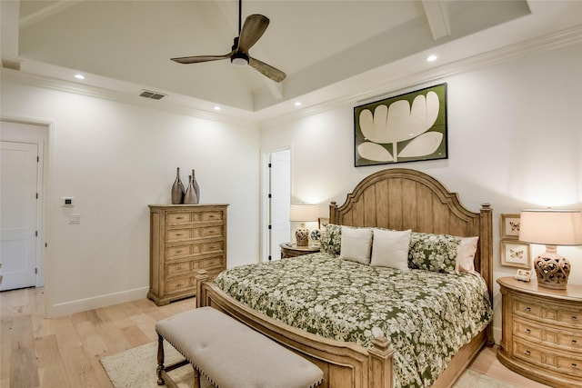 1001 Quarry Ct, Granbury, TX 76048 - bedroom featuring recessed lighting, light wood finished floors, ornamental molding, and ceiling fan