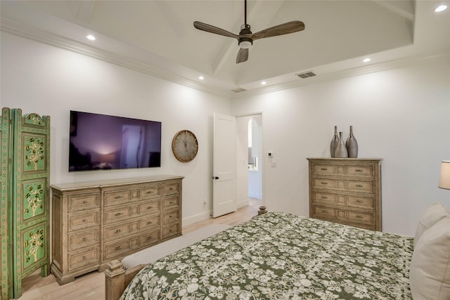 1001 Quarry Ct, Granbury, TX 76048 - bedroom featuring recessed lighting, crown molding, a towering ceiling, and a ceiling fan