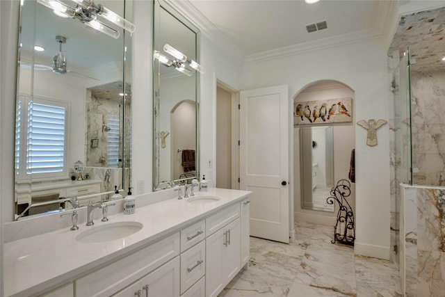 1001 Quarry Ct, Granbury, TX 76048 - bathroom featuring a marble finish shower, ceiling fan, crown molding, and double vanity