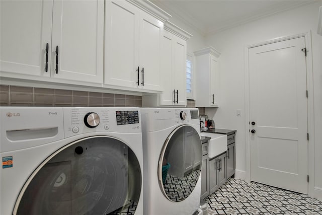 1001 Quarry Ct, Granbury, TX 76048 - washroom with cabinet space, independent washer and dryer, and crown molding