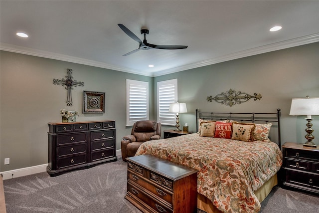 1001 Quarry Ct, Granbury, TX 76048 - carpeted bedroom featuring crown molding, recessed lighting, and a ceiling fan