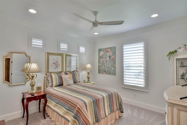 1001 Quarry Ct, Granbury, TX 76048 - carpeted bedroom with multiple windows, crown molding, recessed lighting, and ceiling fan