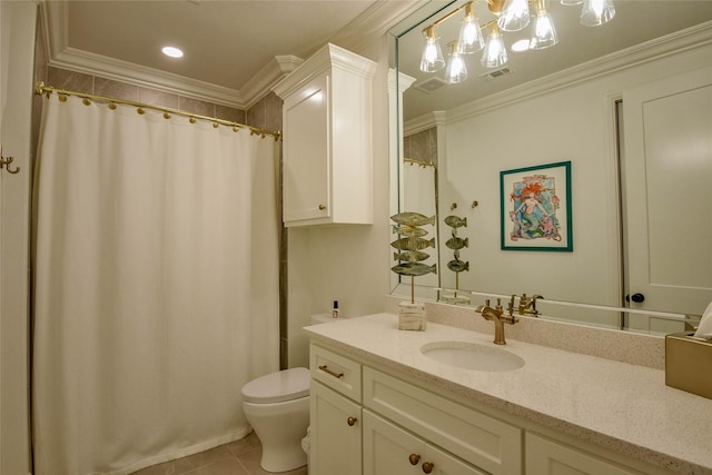 1001 Quarry Ct, Granbury, TX 76048 - bathroom with vanity, crown molding, tile patterned floors, and curtained shower