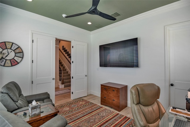 1001 Quarry Ct, Granbury, TX 76048 - office space featuring crown molding, a ceiling fan, light wood-style floors, and recessed lighting