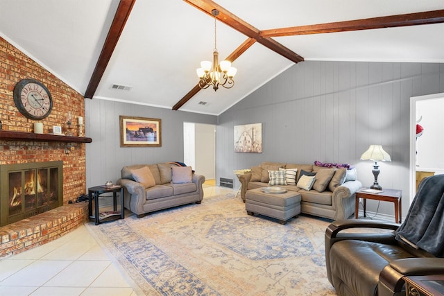 845 Griffith Ave, Terrell, TX 75160 - tiled living area featuring a chandelier and a brick fireplace