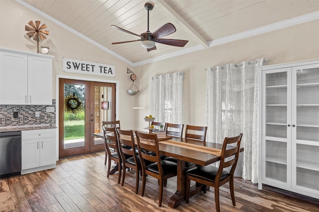 139 County Road 376, Lott, TX 76656 - dining area with vaulted ceiling, hardwood / wood-style flooring, wooden ceiling, crown molding, and a ceiling fan