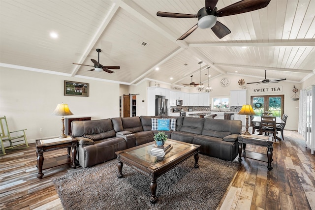 139 County Road 376, Lott, TX 76656 - living room featuring a ceiling fan, hardwood / wood-style flooring, wooden ceiling, and recessed lighting