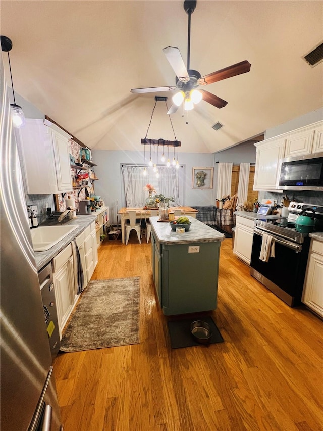 1507 Bridge Water Ln, Mansfield, TX 76063 - kitchen with stainless steel appliances, lofted ceiling, a ceiling fan, light wood-style flooring, and white cabinetry