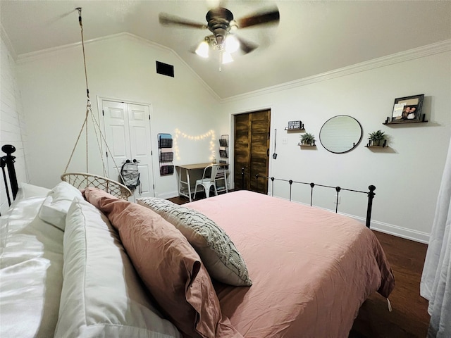 1507 Bridge Water Ln, Mansfield, TX 76063 - bedroom featuring wood finished floors, vaulted ceiling, ornamental molding, and a ceiling fan