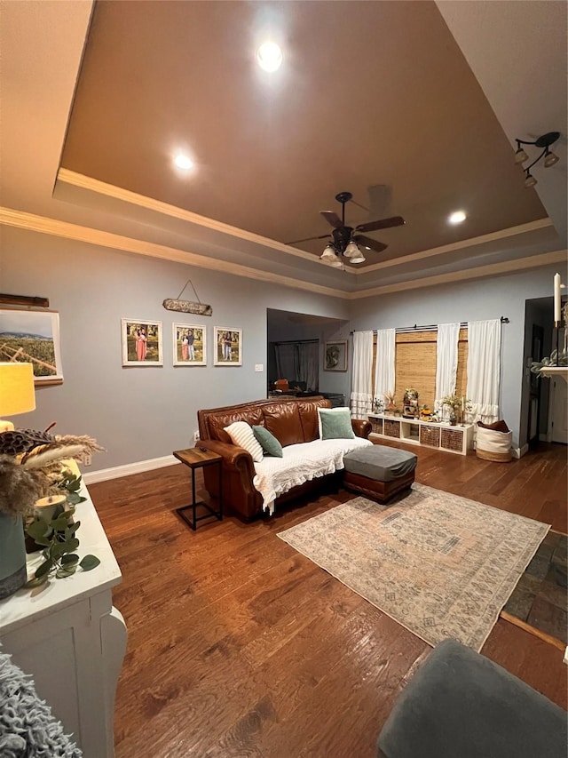 1507 Bridge Water Ln, Mansfield, TX 76063 - bedroom with a tray ceiling, ornamental molding, wood finished floors, ceiling fan, and recessed lighting