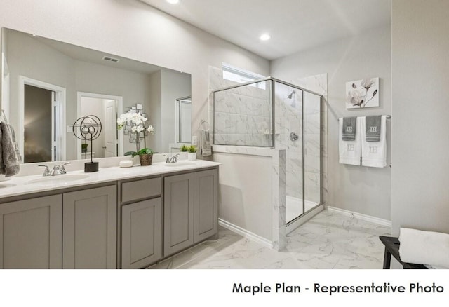 1806 Iris, Melissa, TX 75454 - bathroom featuring marble finish flooring, a marble finish shower, double vanity, and recessed lighting