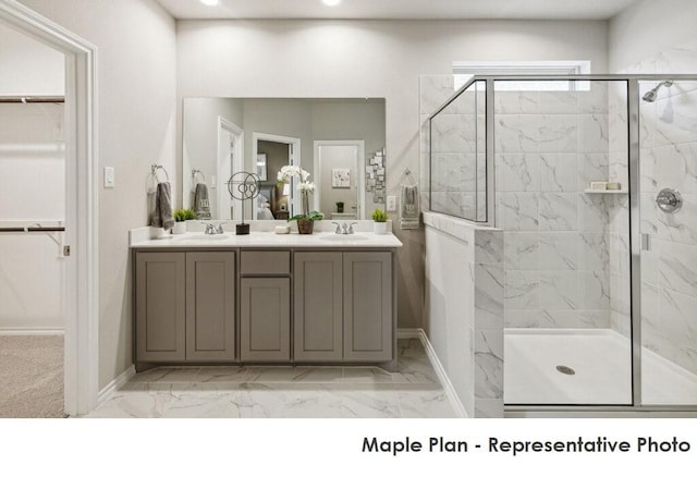 1806 Iris, Melissa, TX 75454 - bathroom featuring a shower stall, a walk in closet, double vanity, and marble finish floors