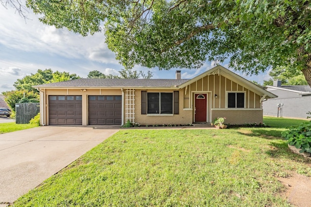5105 French Wood Dr, Arlington, TX 76016 - ranch-style house with an attached garage, brick siding, a front lawn, concrete driveway, and board and batten siding