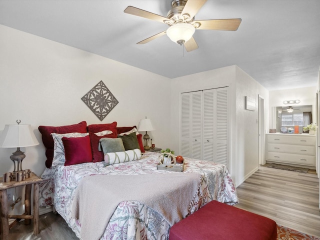 3207 Lynnwood Dr, Arlington, TX 76013 - bedroom with wood finished floors, a closet, ensuite bath, and a ceiling fan