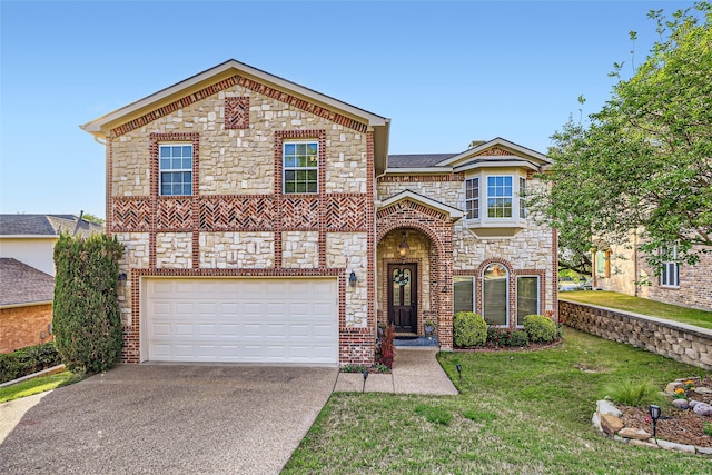 114 Mischief Ln, Rockwall, TX 75032 - traditional home featuring driveway, stone siding, a garage, a front yard, and brick siding