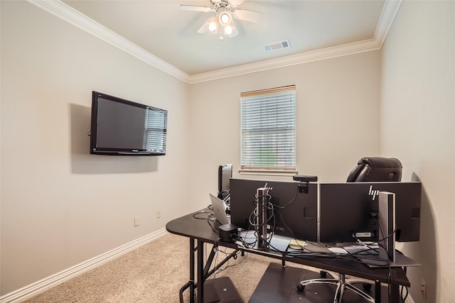 114 Mischief Ln, Rockwall, TX 75032 - home office featuring a ceiling fan, crown molding, and carpet flooring