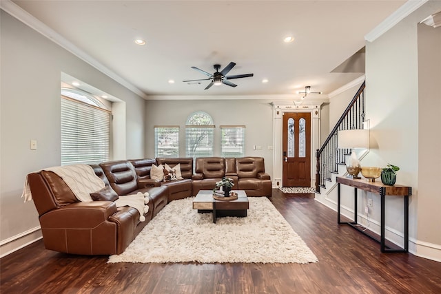 114 Mischief Ln, Rockwall, TX 75032 - living area with a ceiling fan, stairway, dark wood-style flooring, recessed lighting, and ornamental molding