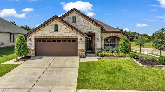 1845 Abelia Ln, Weatherford, TX 76086 - french country inspired facade featuring a garage, driveway, a front lawn, brick siding, and stone siding