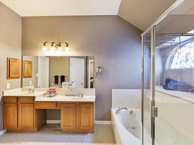 1597 Sweetbriar Dr, Allen, TX 75002 - full bathroom with tile patterned flooring, double vanity, a bath, vaulted ceiling, and a shower stall