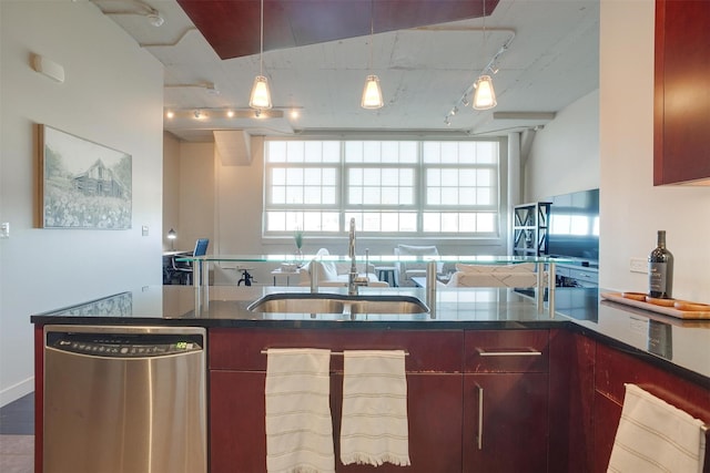 2600 W 7th St Unit 2452, Fort Worth, TX 76107 - kitchen featuring dishwasher, rail lighting, hanging light fixtures, and dark stone counters