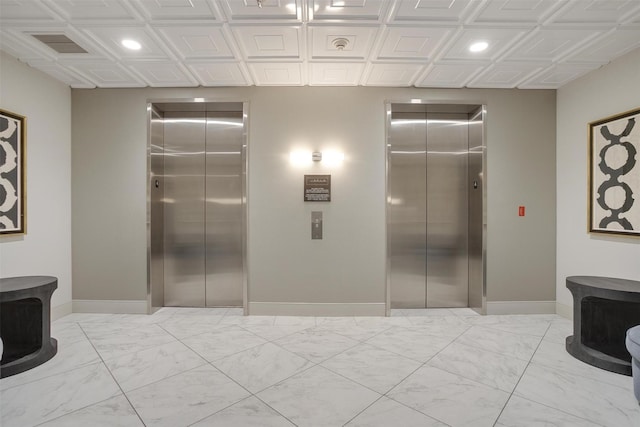 2600 W 7th St Unit 2452, Fort Worth, TX 76107 - bathroom with elevator, recessed lighting, marble finish floors, and an ornate ceiling
