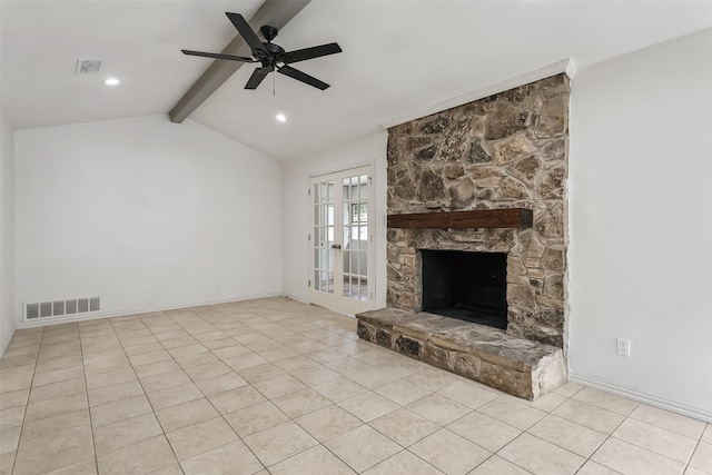 212 Timberlake Dr, Azle, TX 76020 - unfurnished living room with tile patterned floors, a ceiling fan, and a fireplace