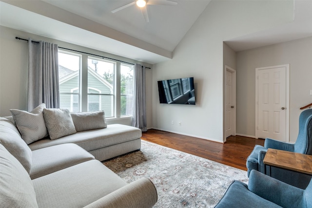 7416 Coronado Ave Unit 14, Dallas, TX 75214 - living area featuring wood finished floors, a ceiling fan, and high vaulted ceiling